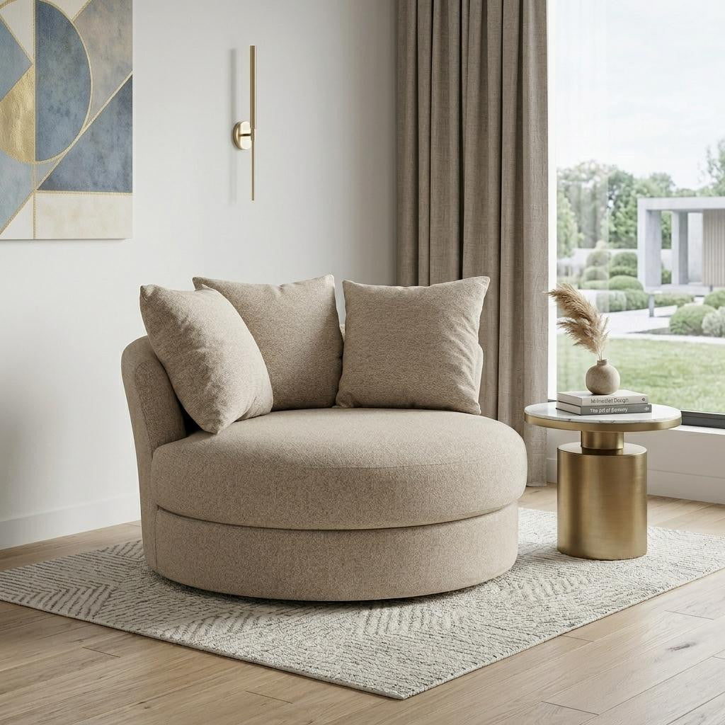 Sand Linen Upholstered Swivel Round Accent Chair & Toss Pillows