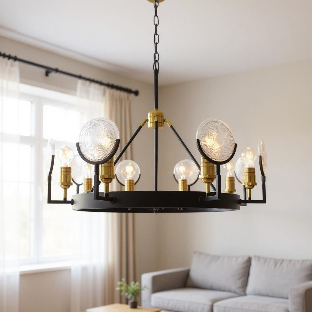 Black & Gold Unique Statement 8 Light Chandelier w/ Clear Shades