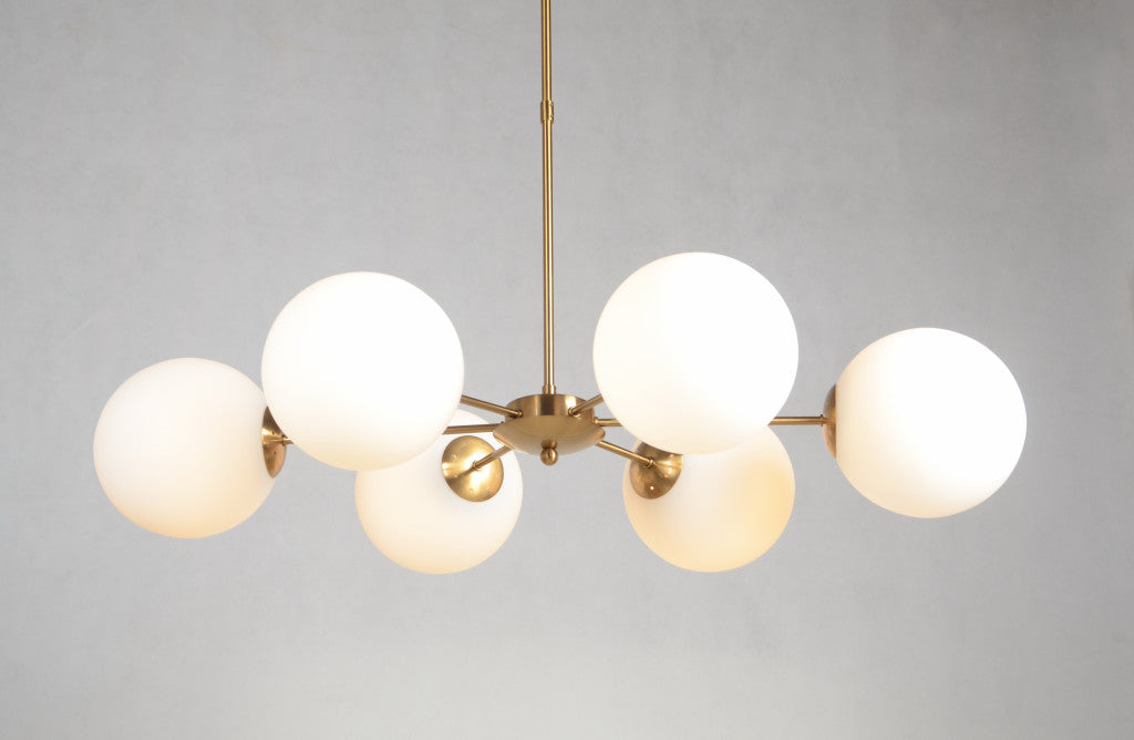 Brass Sputnik 6 Light Chandelier w/ White Shades