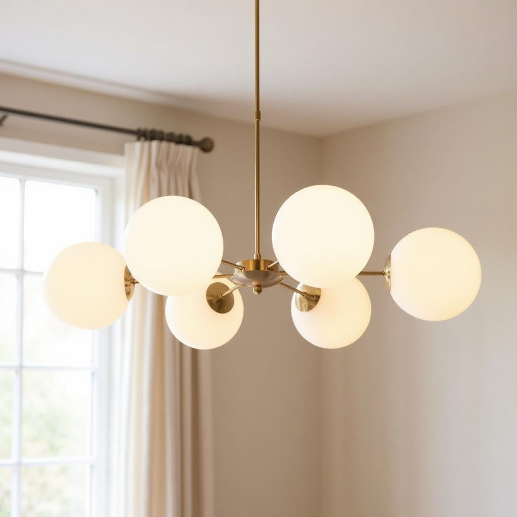 Brass Sputnik 6 Light Chandelier w/ White Shades