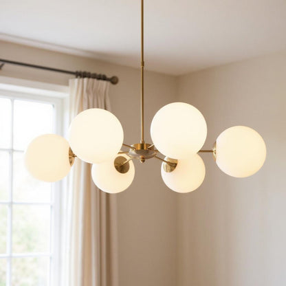 Brass Sputnik 6 Light Chandelier w/ White Shades