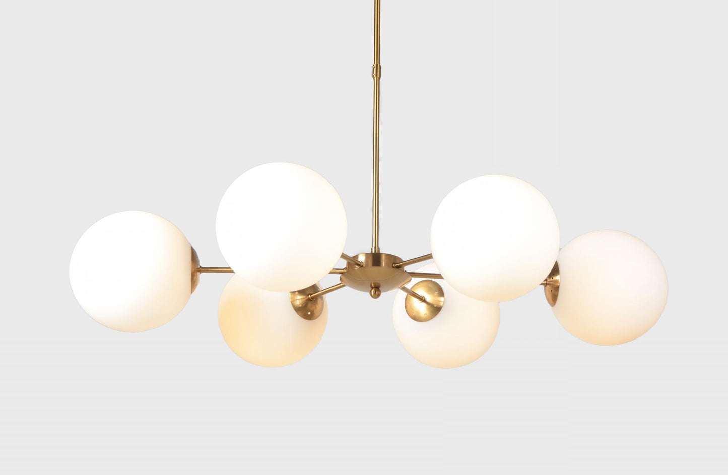 Brass Sputnik 6 Light Chandelier w/ White Shades