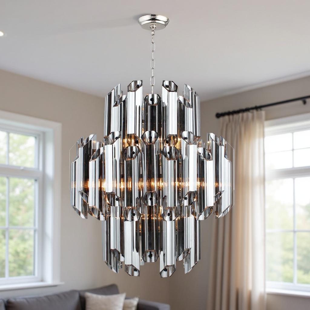 Silver Unique Statement 9 Light Beveled Glass Chandelier w/ Shades
