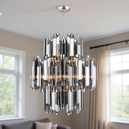 Silver Unique Statement 9 Light Beveled Glass Chandelier w/ Shades