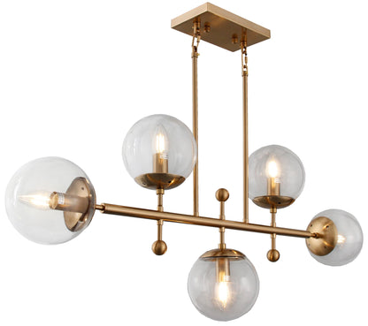 Brass Kitchen Island 5 Light Transparent Glass Chandelier w/ Clear Shades