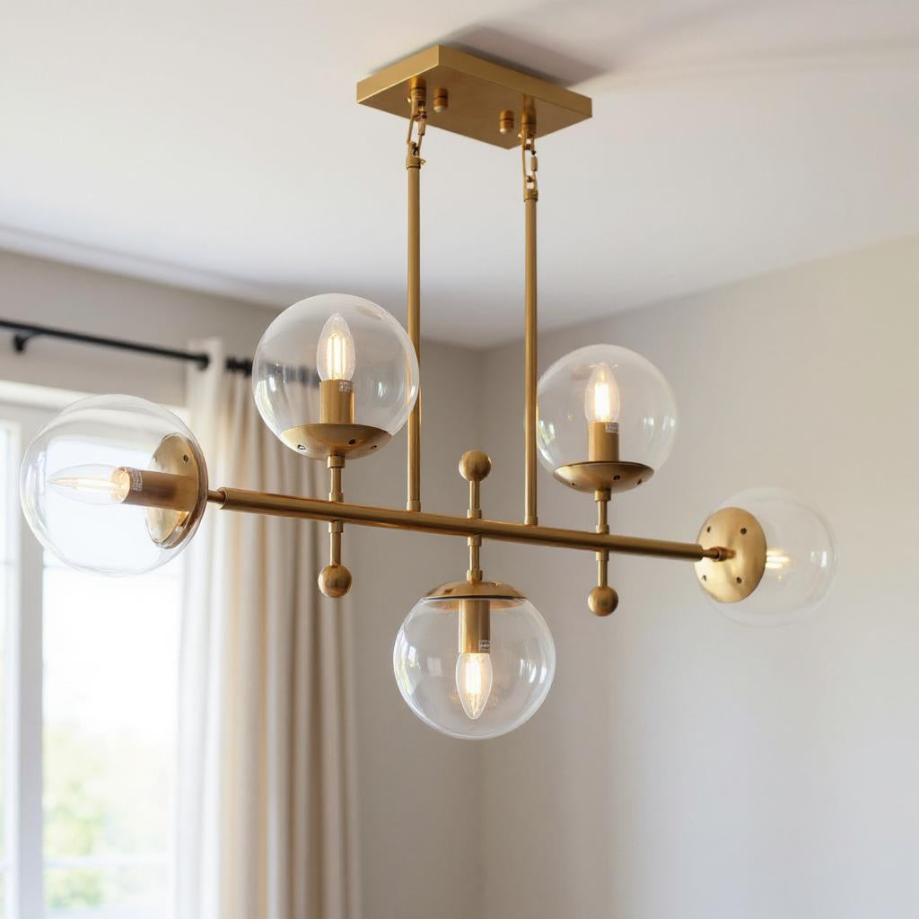 Brass Kitchen Island 5 Light Transparent Glass Chandelier w/ Clear Shades