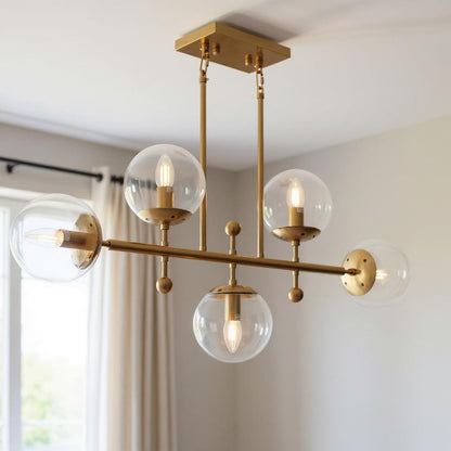 Brass Kitchen Island 5 Light Transparent Glass Chandelier w/ Clear Shades