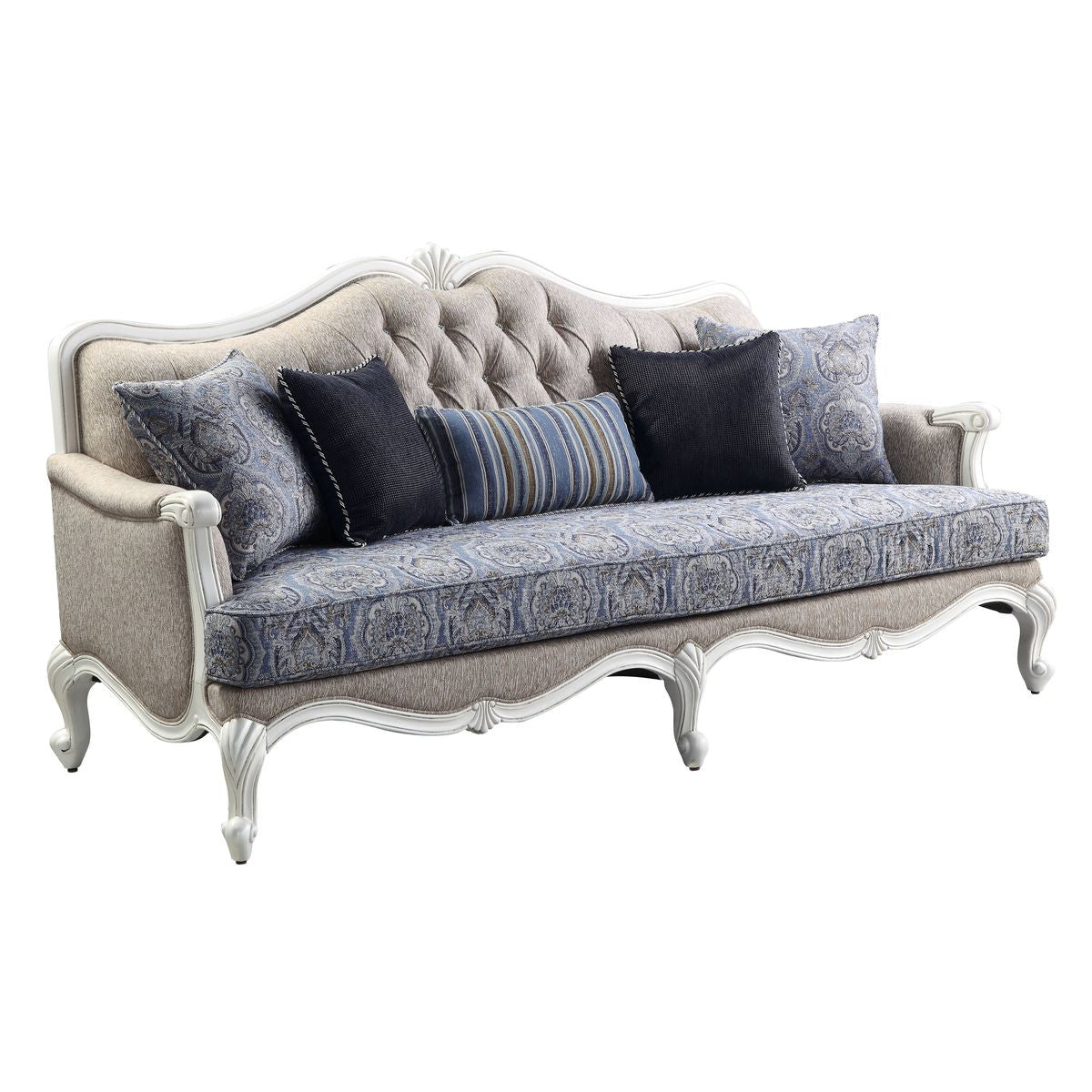 Cream Linen Damask Sofa & Toss Pillows With White Legs