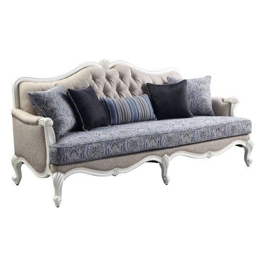 Cream Linen Damask Sofa & Toss Pillows With White Legs
