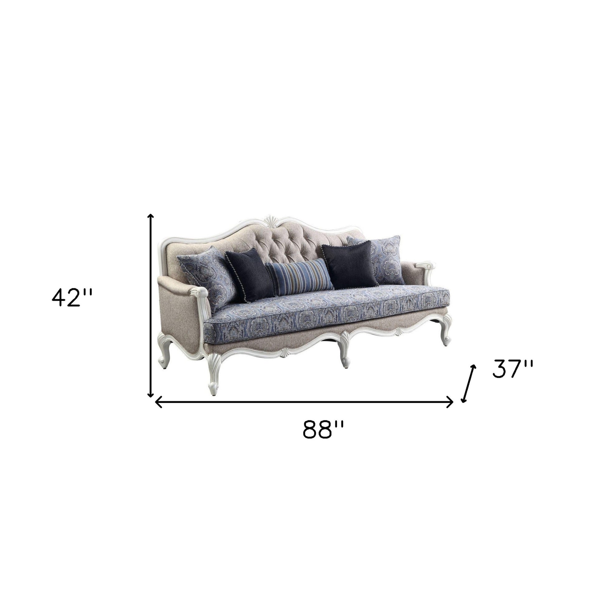 Cream Linen Damask Sofa & Toss Pillows With White Legs