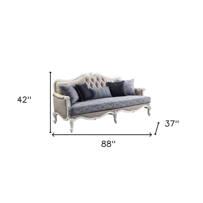 Cream Linen Damask Sofa & Toss Pillows With White Legs