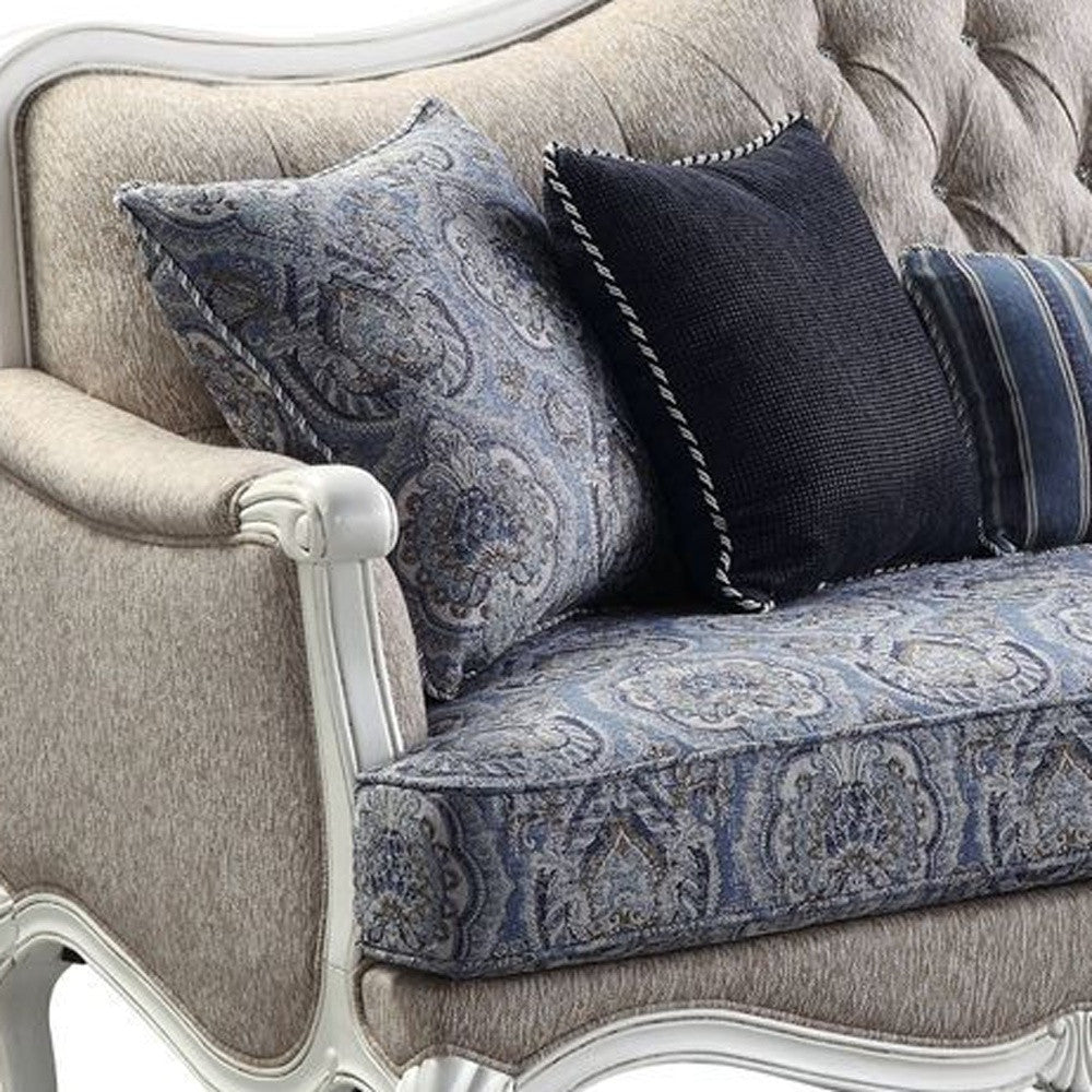 Cream Linen Damask Sofa & Toss Pillows With White Legs
