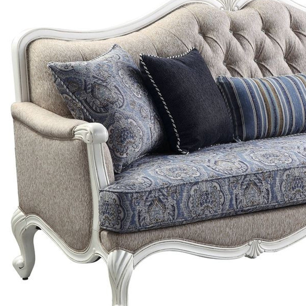 Cream Linen Damask Sofa & Toss Pillows With White Legs