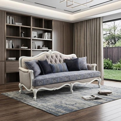 Cream Linen Damask Sofa & Toss Pillows With White Legs
