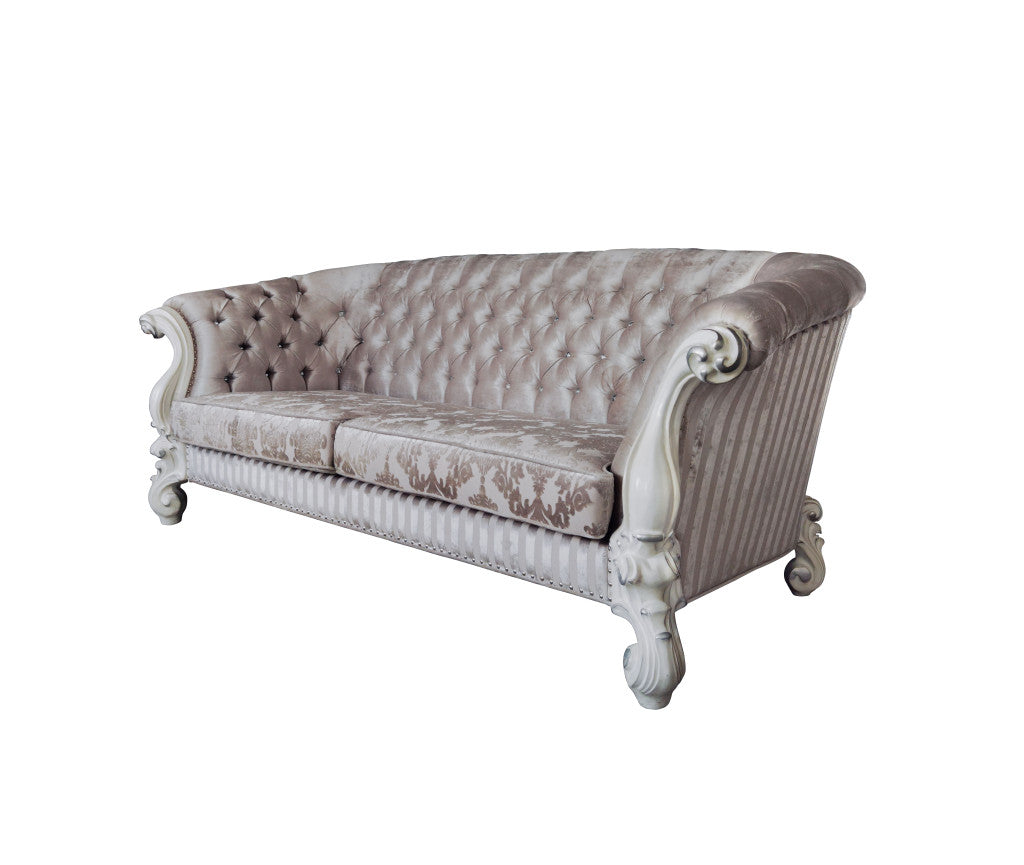Ivory Velvet Damask Sofa & Toss Pillows With Bone Legs