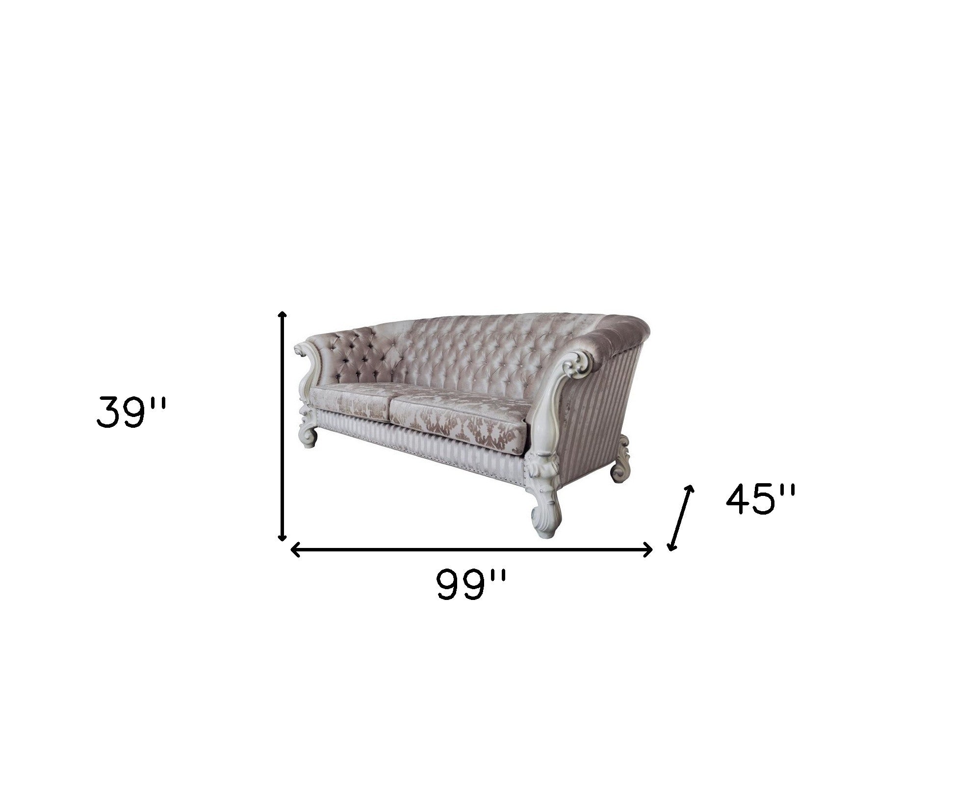 Ivory Velvet Damask Sofa & Toss Pillows With Bone Legs