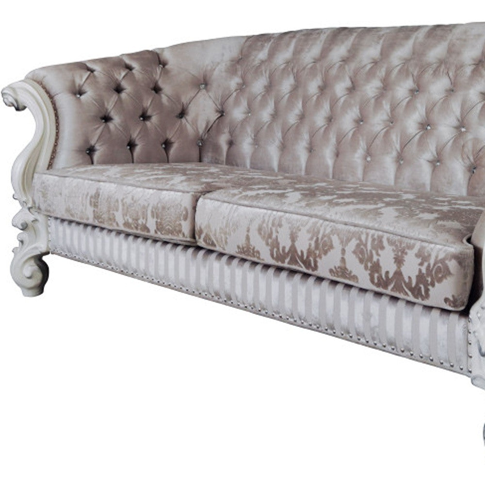 Ivory Velvet Damask Sofa & Toss Pillows With Bone Legs