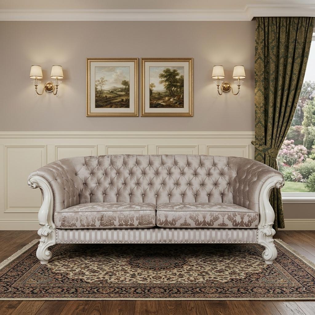 Ivory Velvet Damask Sofa & Toss Pillows With Bone Legs