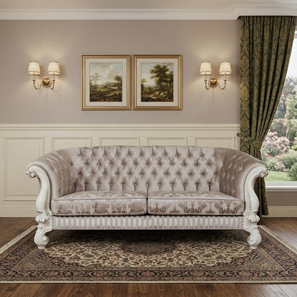 Ivory Velvet Damask Sofa & Toss Pillows With Bone Legs