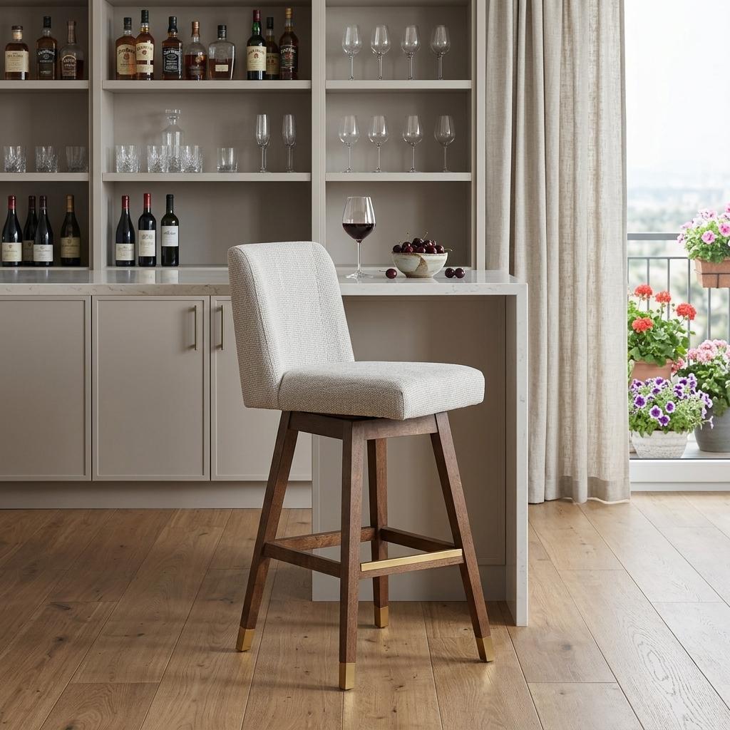 Beige & Wood Brown Solid Wood Bar Height Swivel Bar Chair