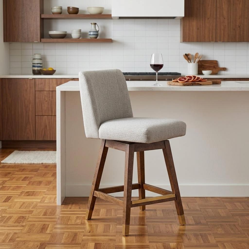 Taupe & Brown Solid Wood Counter Height Swivel Bar Chair