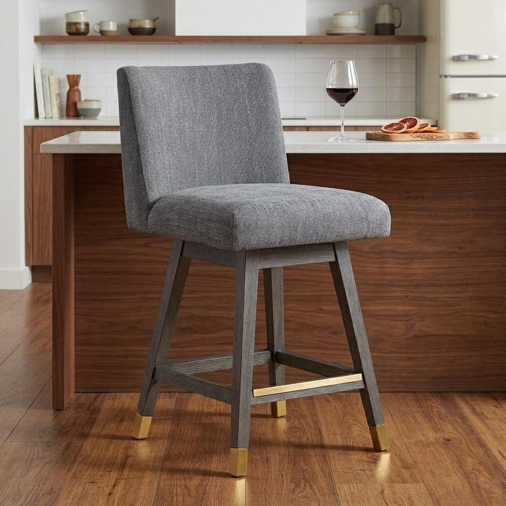Gray & Brown Solid Wood Counter Height Swivel Bar Chair