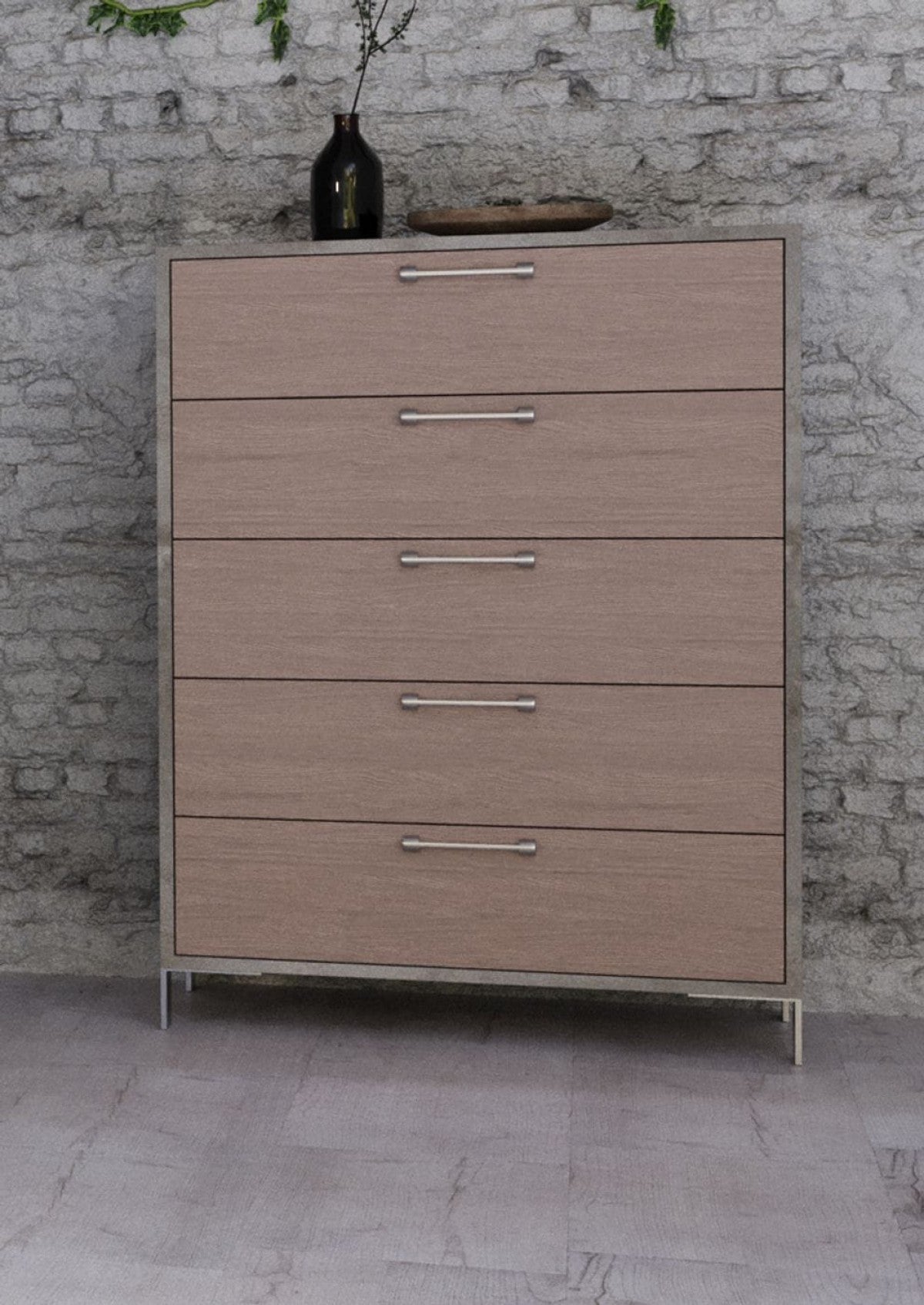 Brown Oak And Grey Solid And Manufactured Wood Five Drawer Chest image 5
