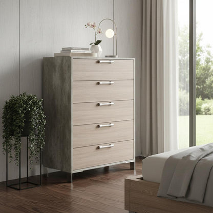 Brown Oak And Grey Solid And Manufactured Wood Five Drawer Chest image 1