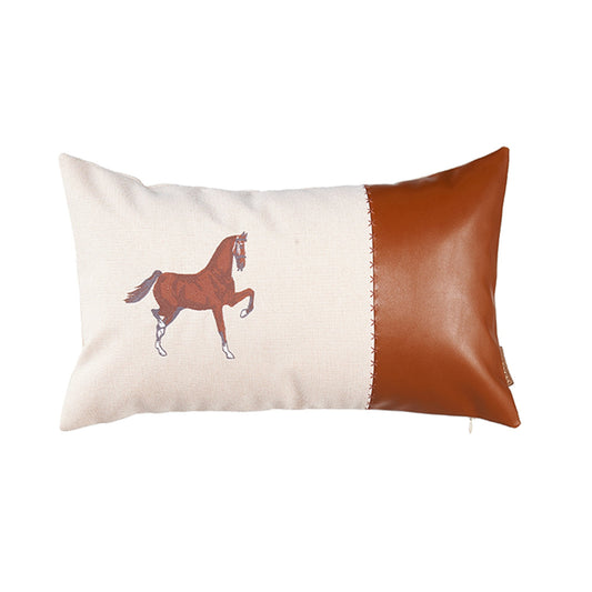 Beige Animal Print Handmade Faux Leather Lumbar Pillow w/ Embroidery