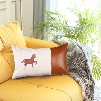 Beige Animal Print Handmade Faux Leather Lumbar Pillow w/ Embroidery