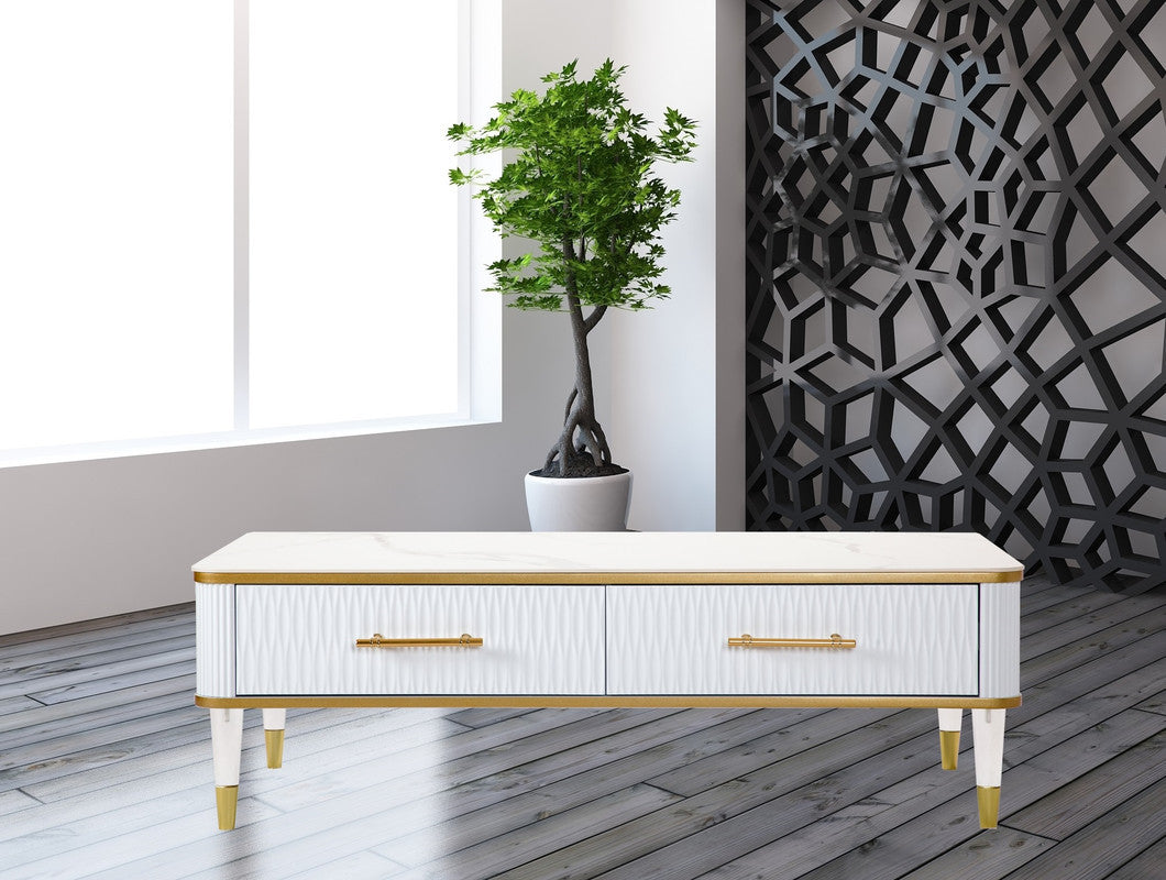 White Gold & Faux Stone Coffee Table w/ Drawer
