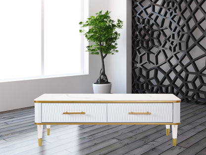 White Gold & Faux Stone Coffee Table w/ Drawer