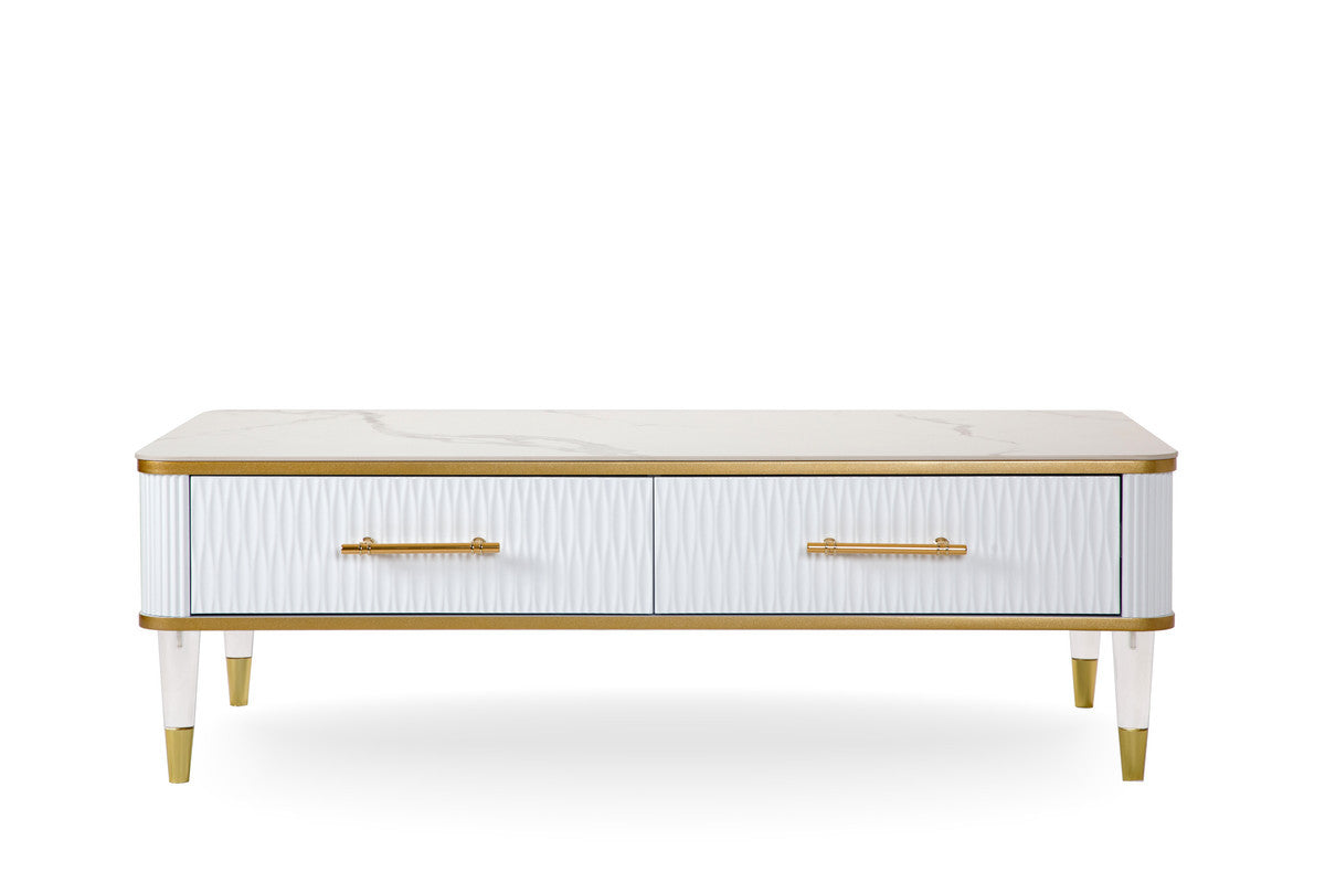White Gold & Faux Stone Coffee Table w/ Drawer