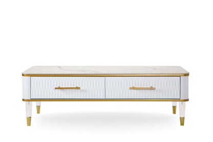 White Gold & Faux Stone Coffee Table w/ Drawer