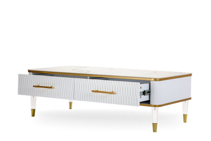 White Gold & Faux Stone Coffee Table w/ Drawer