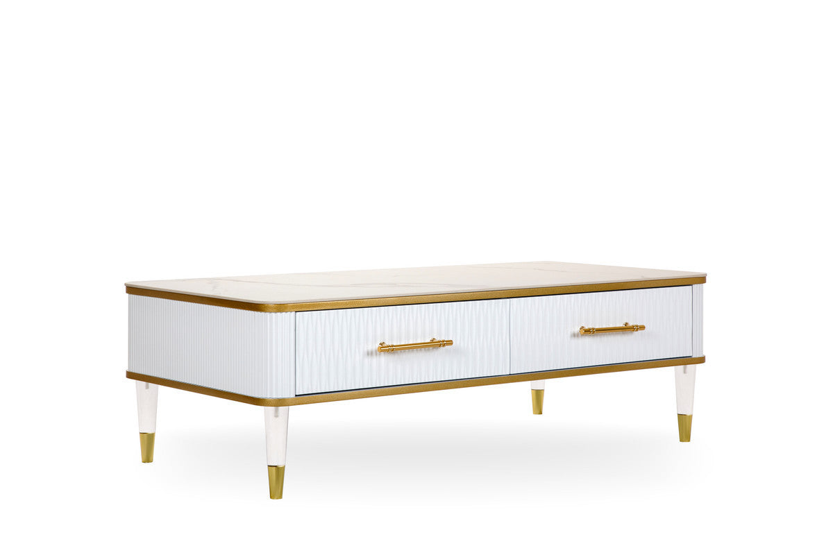 White Gold & Faux Stone Coffee Table w/ Drawer
