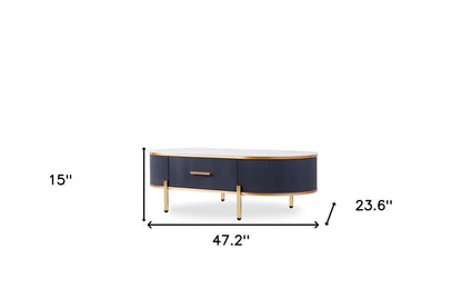 White & Gold Stone & Stainless Steel Oval Coffee Table w/ Drawer