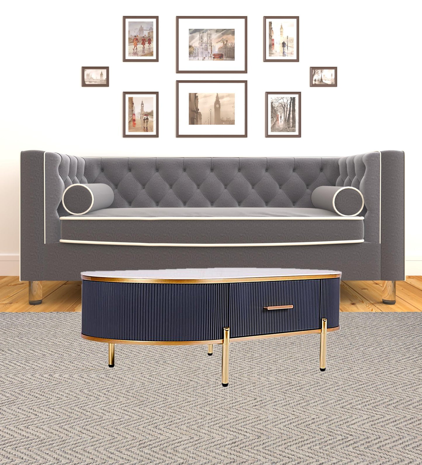 White & Gold Stone & Stainless Steel Oval Coffee Table w/ Drawer