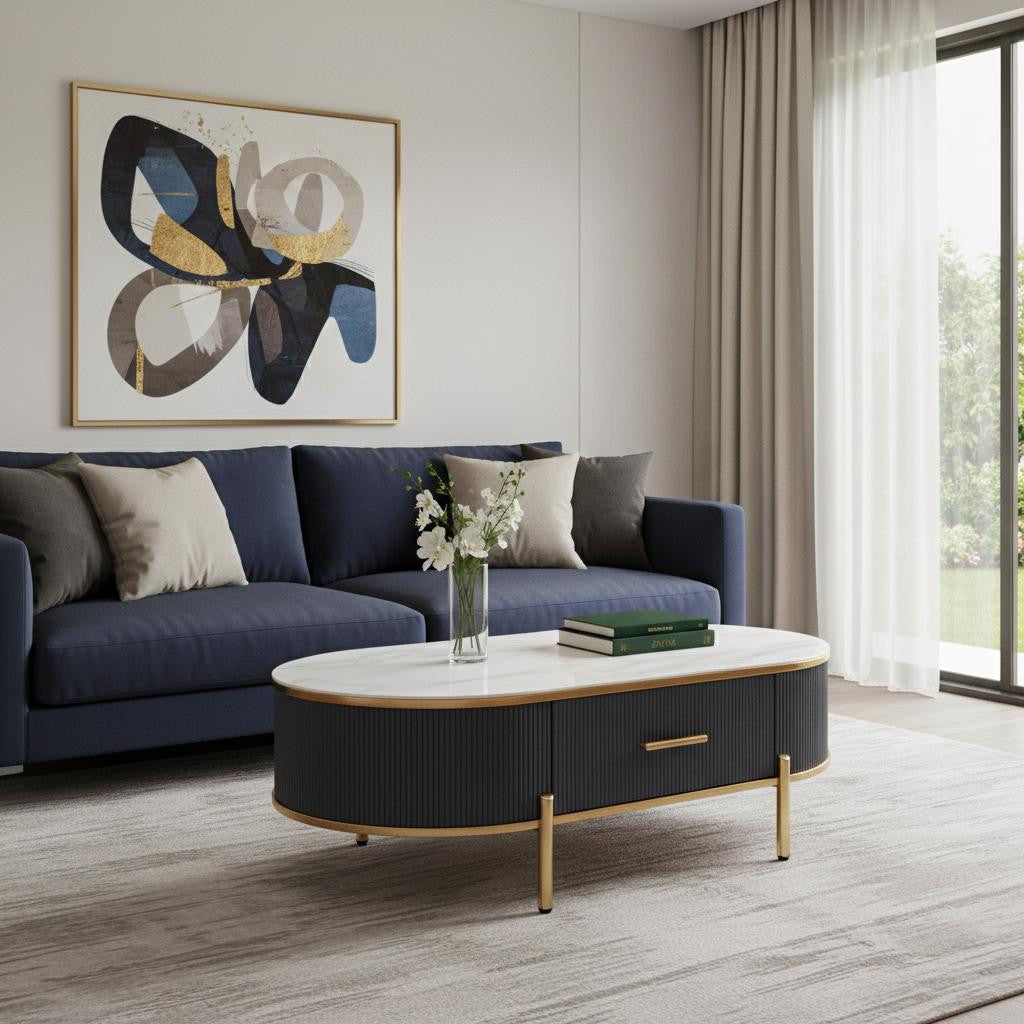 White & Gold Stone & Stainless Steel Oval Coffee Table w/ Drawer image 1