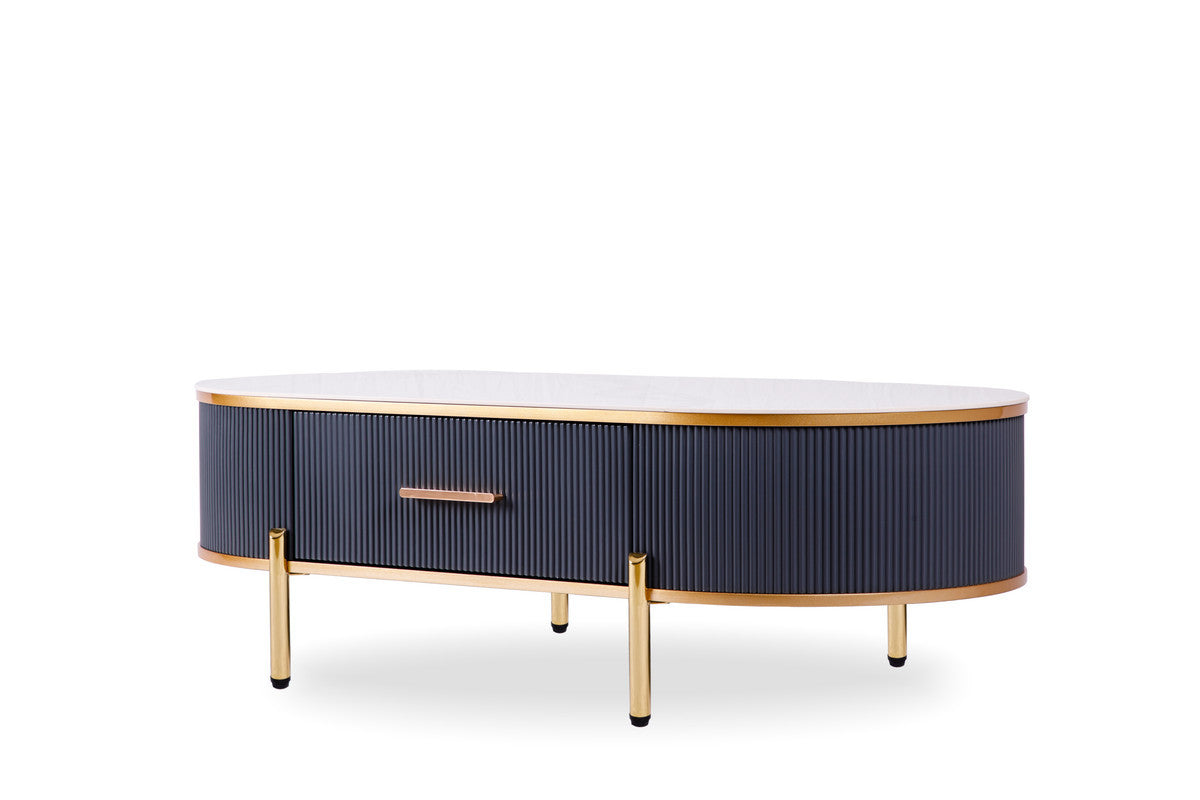 White & Gold Stone & Stainless Steel Oval Coffee Table w/ Drawer image 3