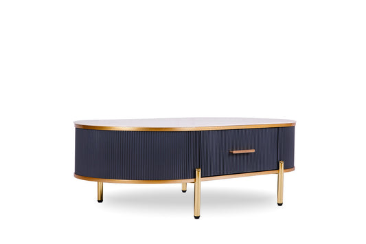 White & Gold Stone & Stainless Steel Oval Coffee Table w/ Drawer