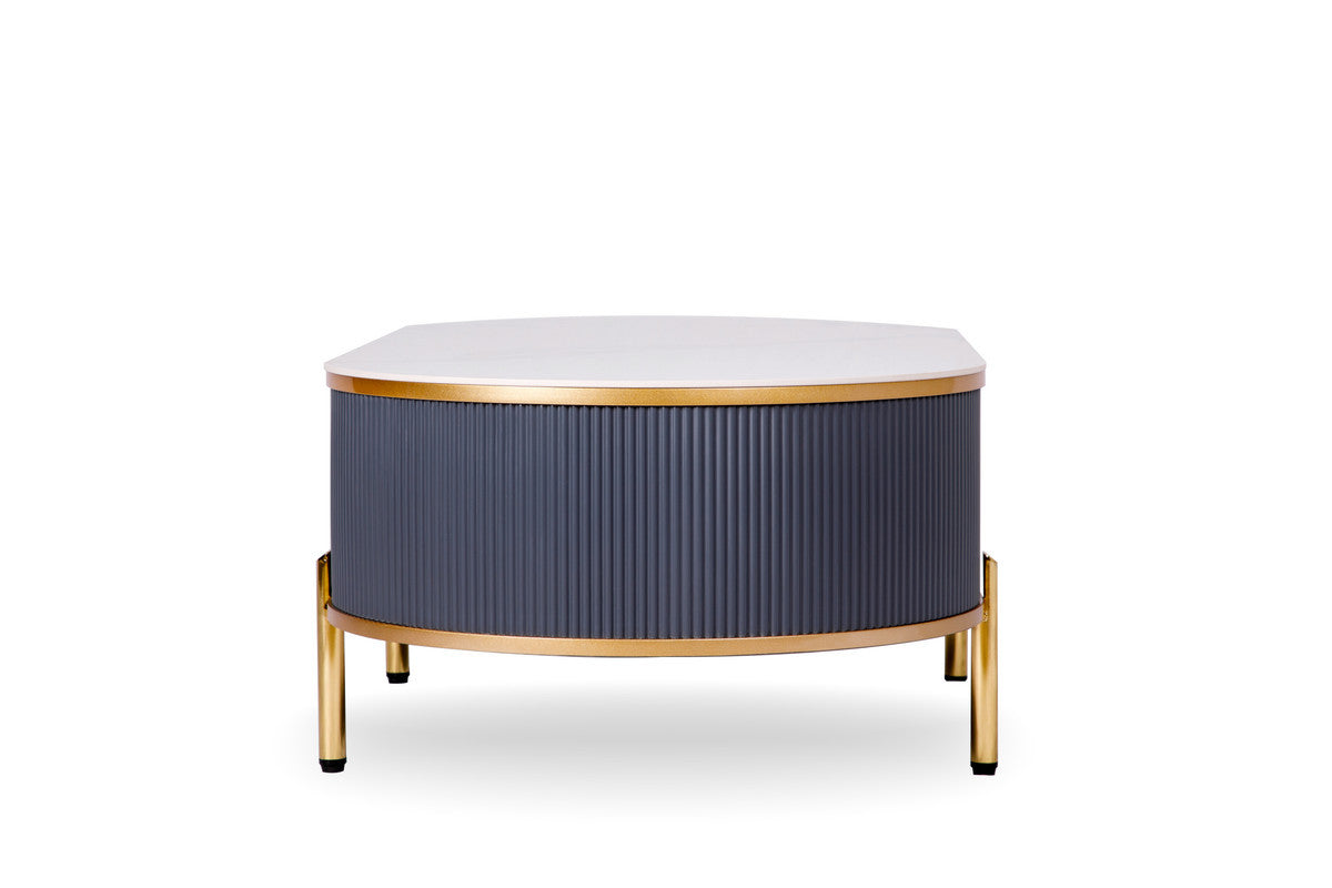 White & Gold Stone & Stainless Steel Oval Coffee Table w/ Drawer