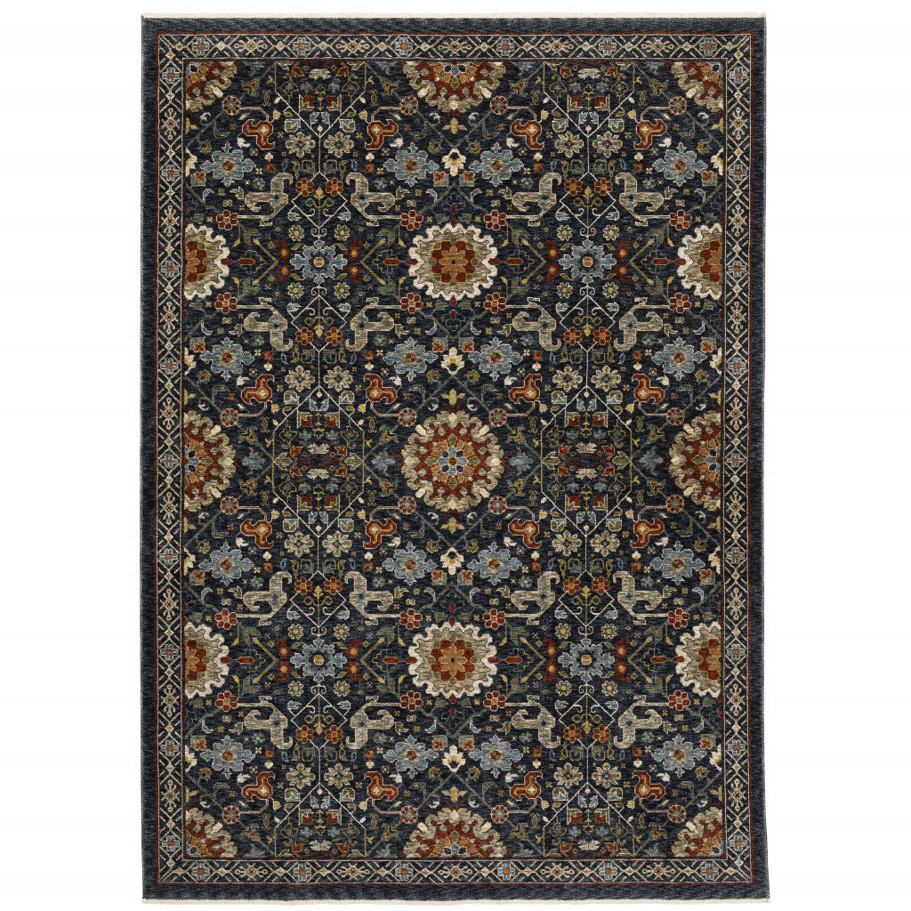 10 x 13 Blue Red Ivory & Gold Oriental Power Loom Stain Resistant Rug With Fringe