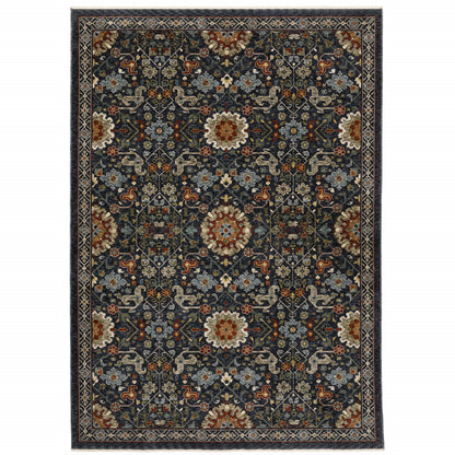 10 x 13 Blue Red Ivory & Gold Oriental Power Loom Stain Resistant Rug With Fringe