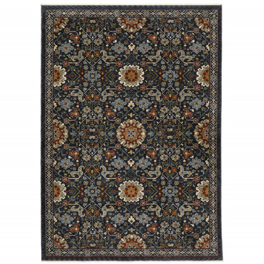 10 x 13 Blue Red Ivory & Gold Oriental Power Loom Stain Resistant Rug With Fringe