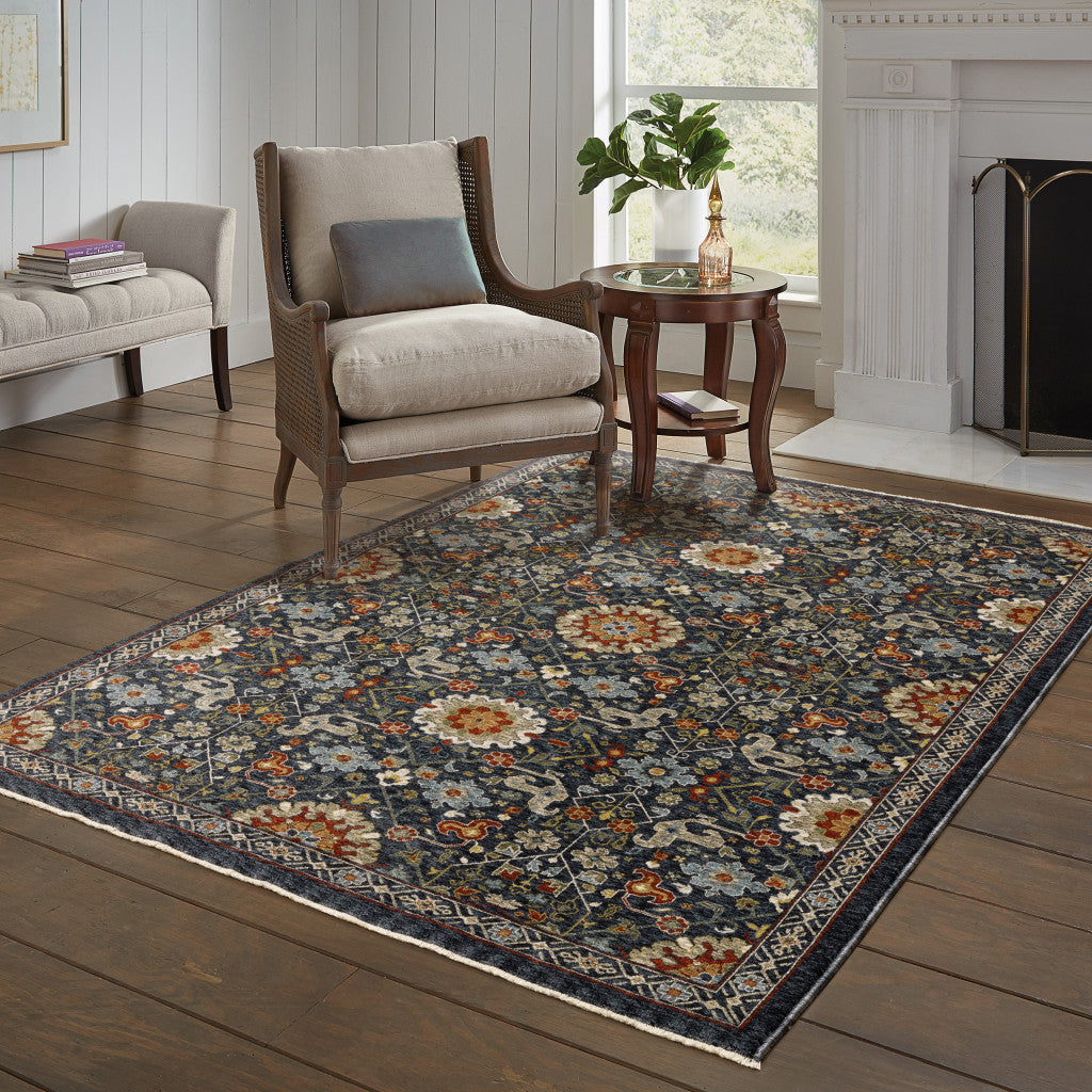 10 x 13 Blue Red Ivory & Gold Oriental Power Loom Stain Resistant Rug With Fringe