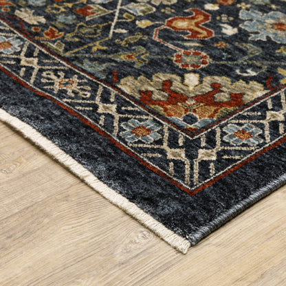 10 x 13 Blue Red Ivory & Gold Oriental Power Loom Stain Resistant Rug With Fringe