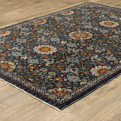 10 x 13 Blue Red Ivory & Gold Oriental Power Loom Stain Resistant Rug With Fringe