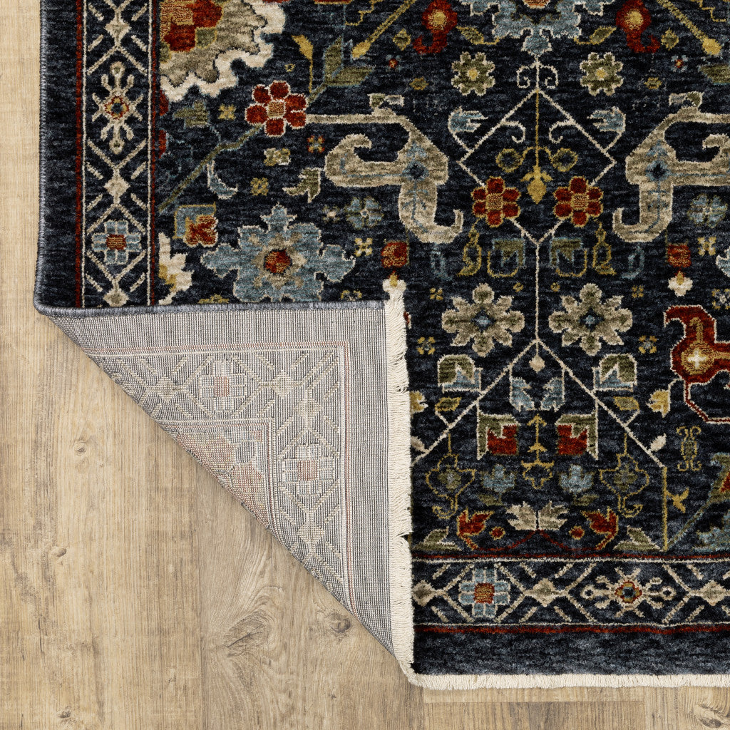 10 x 13 Blue Red Ivory & Gold Oriental Power Loom Stain Resistant Rug With Fringe