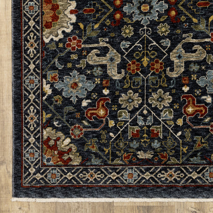 10 x 13 Blue Red Ivory & Gold Oriental Power Loom Stain Resistant Rug With Fringe